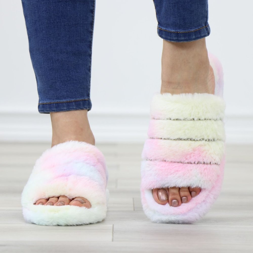 Tie Dye Puff Fuzzy Fluffy Slip On Plush Slippers Diamond Accents - Picture 11 of 15